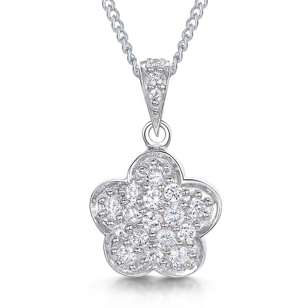 A sterling silver clover flower pendant necklace with pave set cubic zirconias, displayed on a white background.
