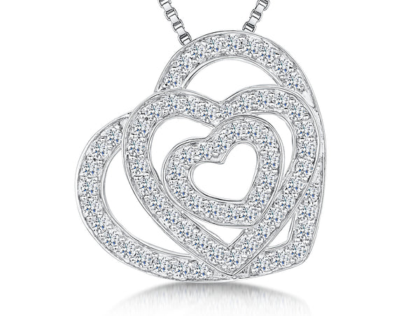 A sterling silver pendant with three interlocking hearts, each studded with cubic zirconia stones - JOOLS By Jenny Brown