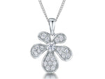 Load image into Gallery viewer, A sterling silver pendant in the shape of an elongated flower with five petals, featuring cubic zirconia inlays, attached to a silver chain-JOOLS by Jenny Brown