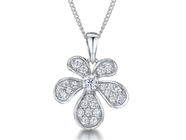 A sterling silver pendant in the shape of an elongated flower with five petals, featuring cubic zirconia inlays, attached to a silver chain-JOOLS by Jenny Brown