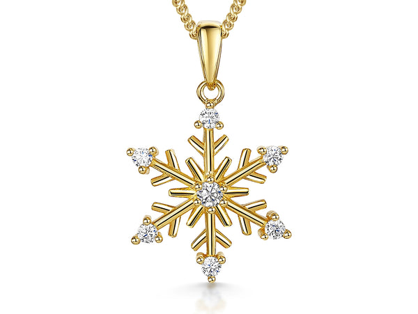 A yellow gold snowflake pendant with seven cubic zirconia stones-JOOLS by Jenny Brown