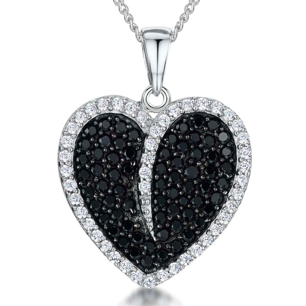 A sterling silver heart-shaped pendant pave set with a white cubic zirconia surround with black stone centre-JOOLS by Jenny Brown