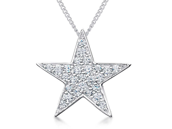 A sterling silver star pendant pave set with cubic zirconia, displayed against a white background.