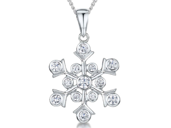 A sterling silver pendant in the shape of a snowflake, adorned with round cubic zirconia stones,-JOOLS by Jenny Brown