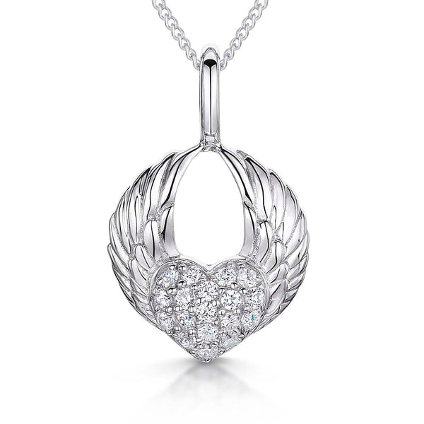 A sterling silver pendant featuring angel wings surrounding a heart-shaped pave with cubic zirconia stones- JOOLS by Jenny Brown