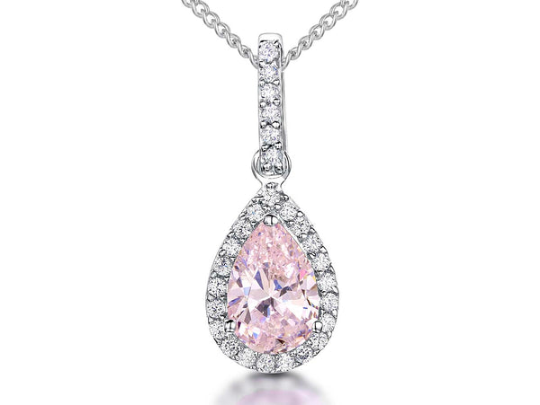 A sterling silver teardrop-shaped pendant with light pink cubic zirconia at the center, surrounded by smaller clear zirconia stones,-JOOLS by Jenny Brewn