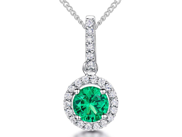 A sterling silver halo pendant necklace with an emerald green center stone and a round pendant design, accompanied by a 16-18 inch adjustable chain.