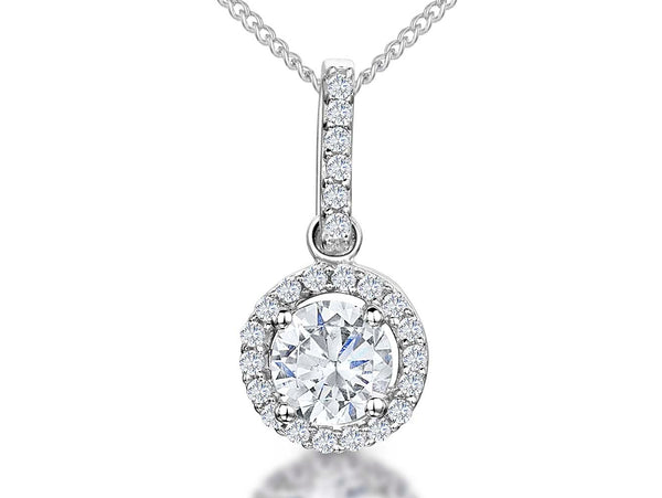 A sterling silver halo pendant necklace with an 1 carat size center stone and a round pendant design, accompanied by a 16-18 inch adjustable chain.-JOOLS By Jenny Brown
