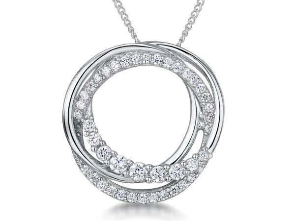 A sterling silver pendant with cubic zirconia stones set in two interlocking circles, on a silver chain-JOOLS by Jenny Brown