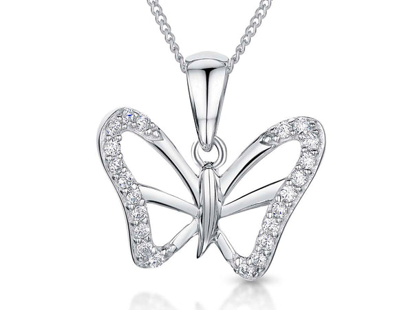 Sterling silver open butterfly necklace with cubic zirconia stones set around the outline.
