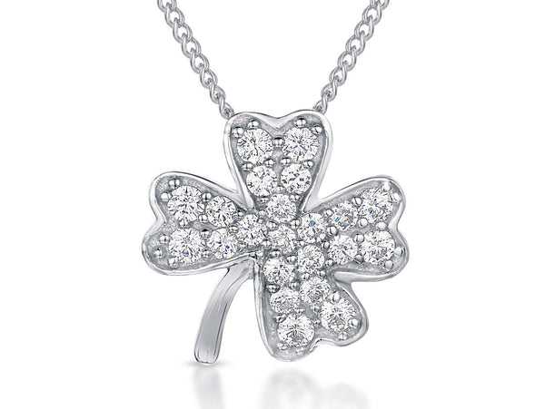 A sterling silver cubic zirconia four leaf clover pendant attached to a silver chain.-JOOLS by Jenny Brown