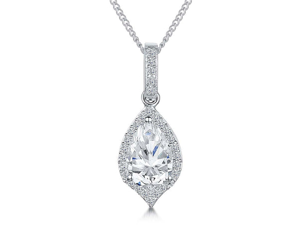 Sterling Silver Halo Style Pear Shape Pendant with Cubic Zirconias, attached to a chain-JOOLS by Jenny Brown