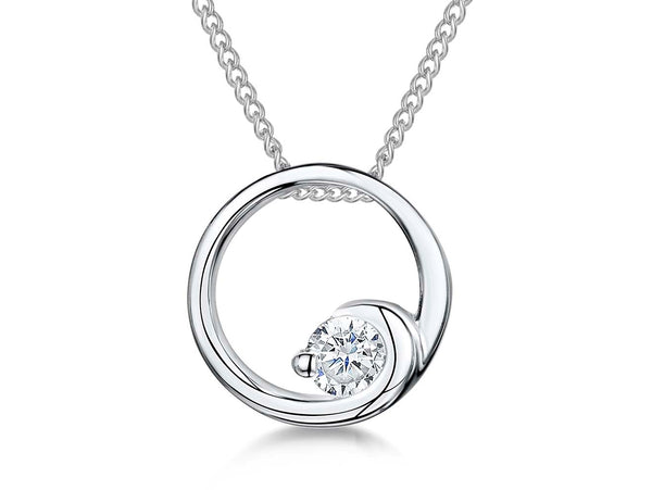 A sterling silver circle necklace with a cubic zirconia set twist feature on a chain.-JOOLS by Jenny Brown