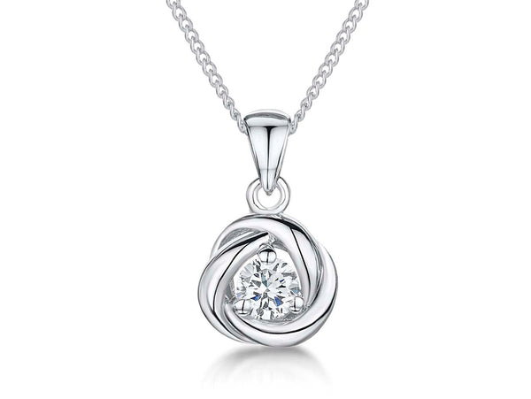 Sterling silver petite swirl pendant with a central cubic zirconia, attached to a silver chain.