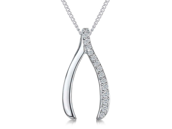 A sterling silver wishbone pendant with half pave set cubic zirconia, attached to a silver curb chain-JOOLS by Jenny Brown