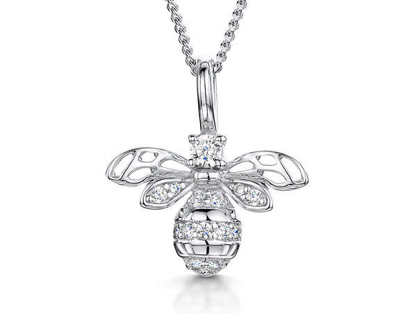 A sterling silver necklace with a bee-shaped pendant encrusted with cubic zirconia, on a chain.