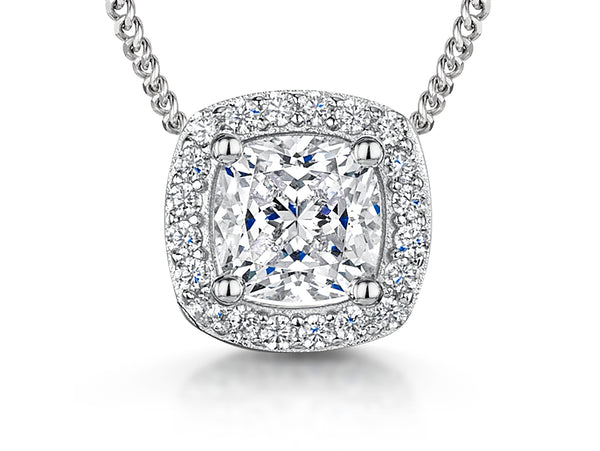 A sterling silver cushion cut halo pendant with cubic zirconia stones-JOOLS by Jenny Brown