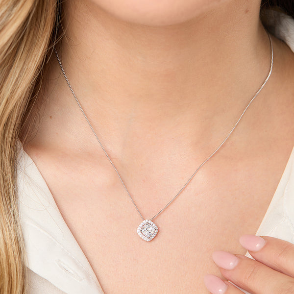 A sterling silver cushion cut halo pendant with cubic zirconia stones-JOOLS by Jenny Brown