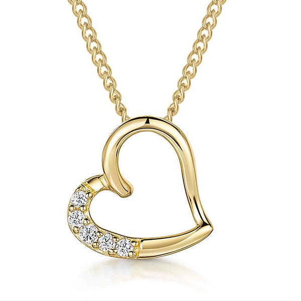Gold heart-shaped necklace with embedded diamonds on a white background