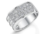 Load image into Gallery viewer, Sterling silver ring with a half pave of cubic zirconias and three open bands on the sides, presented against a white background.
