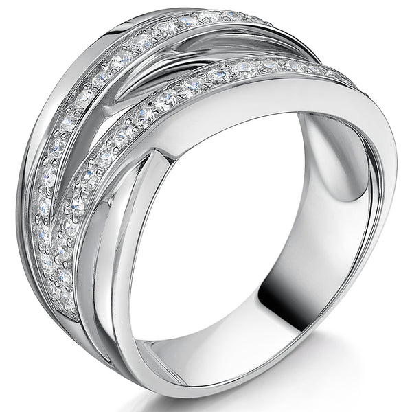 A sterling silver ring with intricate woven bands and pave set cubic zirconia stones-JOOLS by Jenny Brown