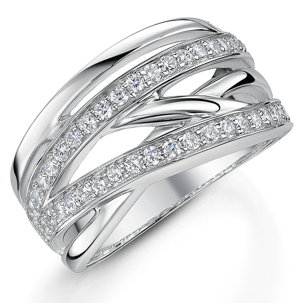 A sterling silver ring with intricate woven bands and pave set cubic zirconia stones-JOOLS by Jenny Brown