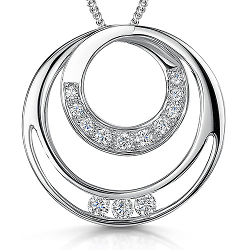 A sterling silver double circle pendant set with cubic zirconia embellishments.