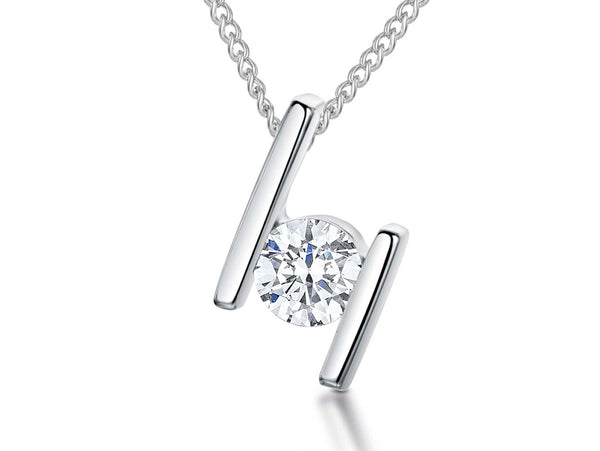 A sterling silver pendant with a single cubic zirconia stone set between silver bars, attached to a chain.