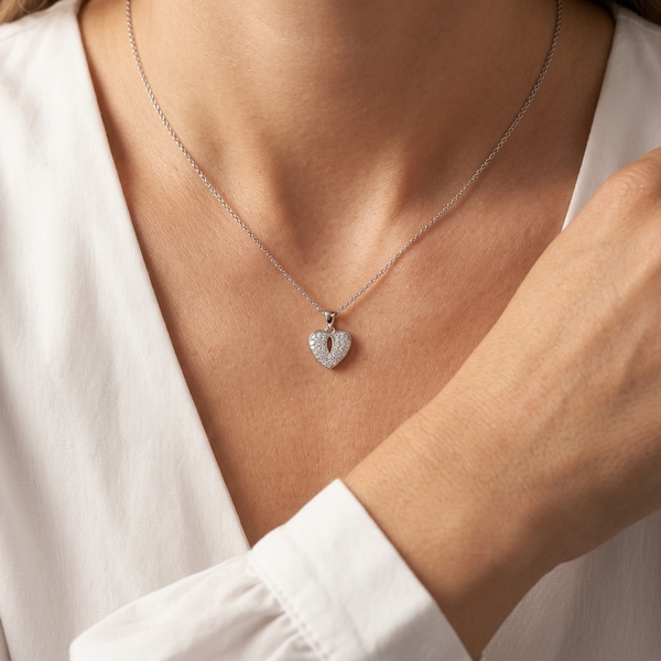 Sterling Silver Cubic Zirconia Pave Stone Set Heart Pendant
