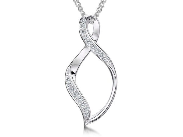 A sterling silver pave set open twist pendant with cubic zirconia stones, attached to a chain.