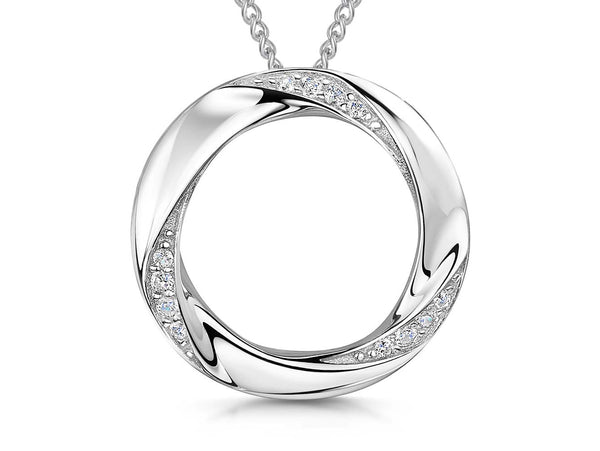 A sterling silver pave set open twisted circle pendant with cubic zirconia stones, attached to a chain-JOOLS by Jenny Brown