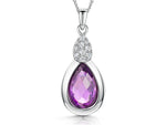 Load image into Gallery viewer, A sterling silver pendant with a teardrop-shaped amethyst cubic zirconia and smaller surrounding cubic zirconia stones,