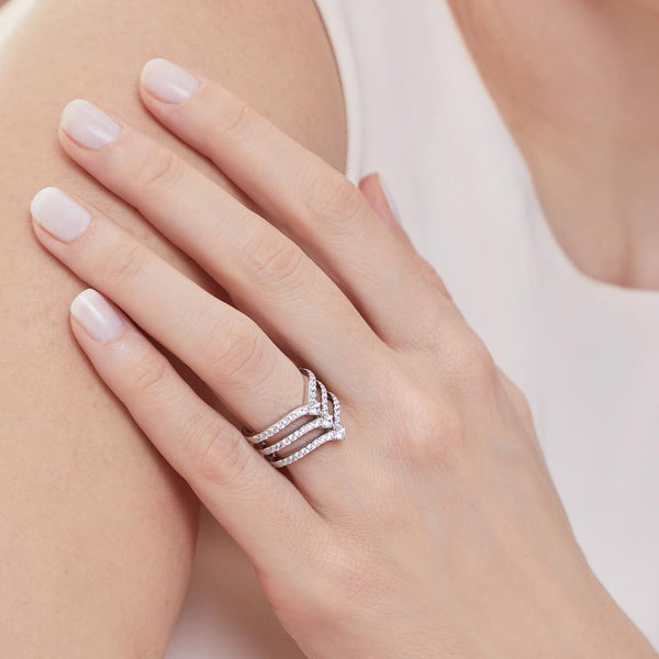 Sterling Silver Triple Wishbone Band Ring Set With Cubic Zirconia StonesRings - JOOLS By Jenny Brown