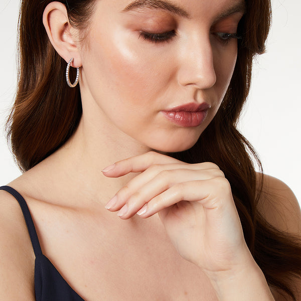 Sterling Silver Medium Hoop Earrings Set With Cubic Zirconia's.