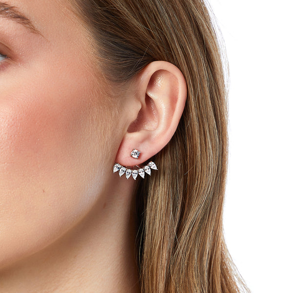 A pair of sterling silver jacket earrings featuring a fan shape design with cubic zirconia stones, including a 4mm solitaire stud and additional pear-shaped CZ elements-JOOLS by Jenny Brown