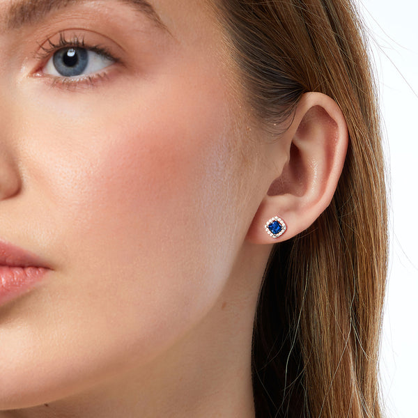 Sterling Silver Deep Blue Sapphire Princess Cut Earrings With Pave Set Surround JOOLS by Jenny Brown