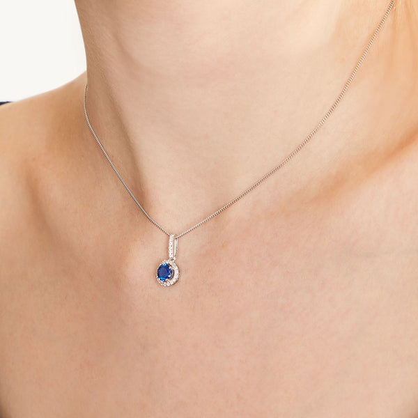 Sterling Silver Sapphire Blue Halo Necklace - JOOLS By Jenny Brown