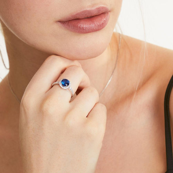 Sterling Silver Halo Ring Set With a 1 .3 Carat Round Cubic Zirconia Stone . Sapphire Blue Amethyst Blue Topaz Zirconia StonesRings - JOOLS By Jenny Brown