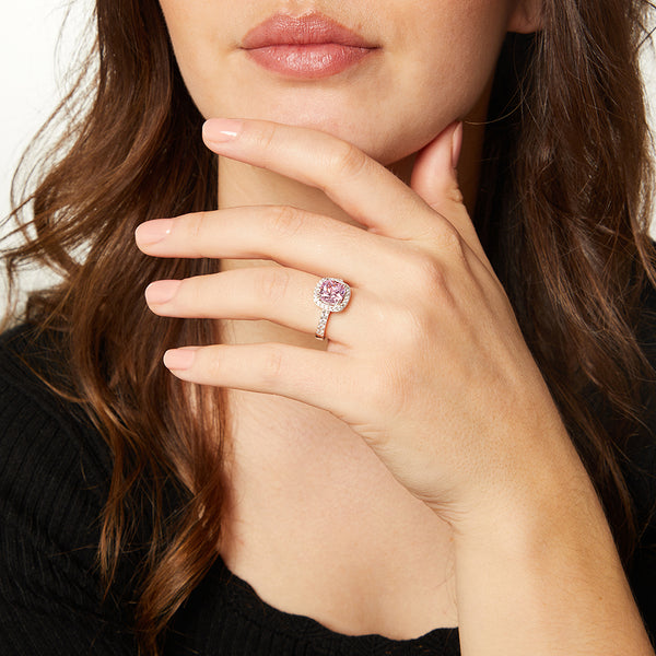 Sterling Silver And 3 Carat Halo Cushion Cut Light Pink Zirconia Ring - JOOLS By Jenny Brown