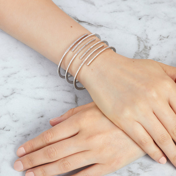 Sterling Silver Wide Cuff Bangle With Cubic Zirconia Strands On A Spring Opening JOOLS by Jenny Brown