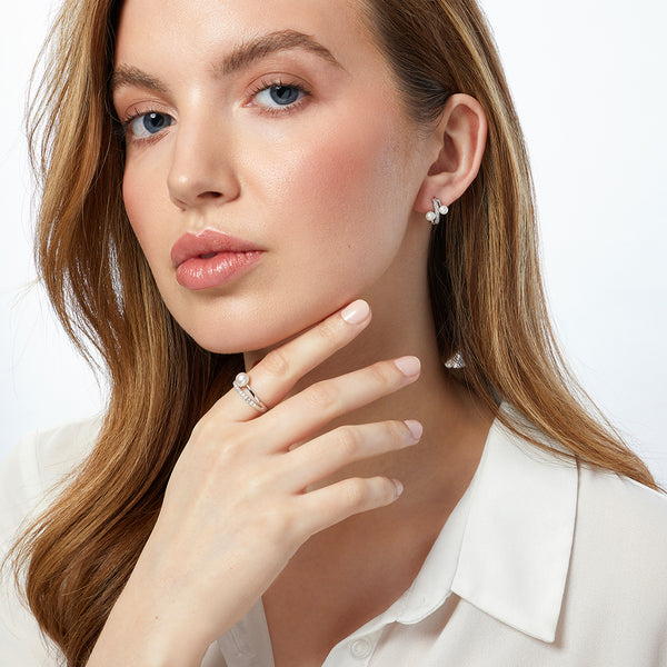 Sterling Silver Ring With Cubic Zirconia Band & Freshwater Pearl-JOOLS by Jenny Brown