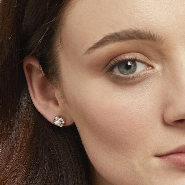 STERLING SILVER AND PEARL FLOWER EARRINGS SET WHITE ZIRCONIA SURROUND Earrings - JOOLS By Jenny Brown