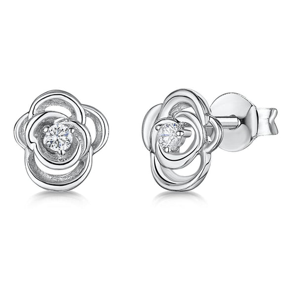 STERLING SILVER AND WHITE ZIRCONIA ROSE FLOWER EARRINGS WITH A ZIRCONIA CENTREEarrings - JOOLS By Jenny Brown