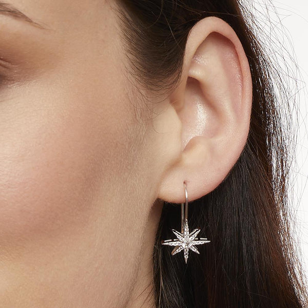 A pair of sterling silver north star small shepherds hook earrings with cubic zirconia stones-JOOLS by Jenny Brown