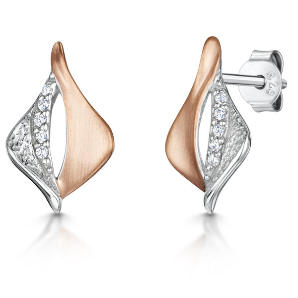 Sterling Silver And Rose Gold Sail Shape Earrings - Satin Finished With A Cubic Zirconia Feature - JOOLS By Jenny Brown
