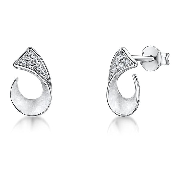 Sterling Silver Stud Satin Finished Earrings- Featuring An Open Horseshoe Setting With Cubic Zirconia Stones - JOOLS By Jenny Brown