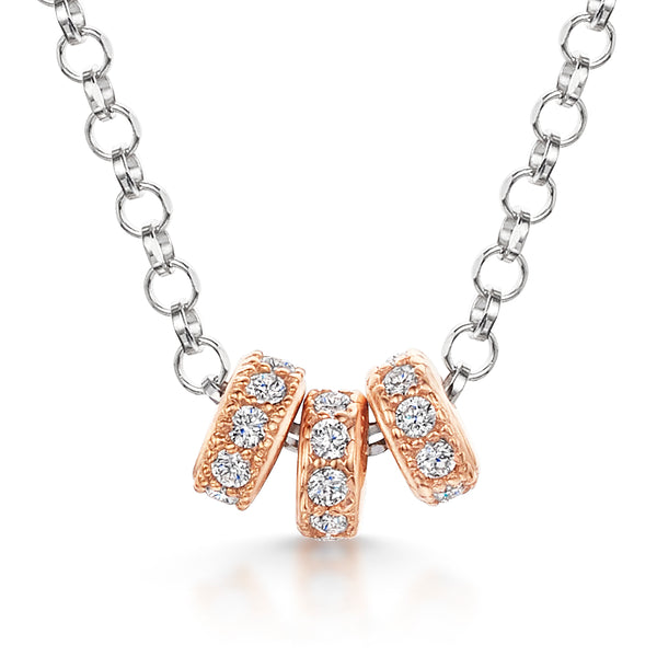 Sterling Silver Necklace With Three Rose Gold And Silver Rings Set With White Cubic Zirconia Stones - JOOLS By Jenny Brown