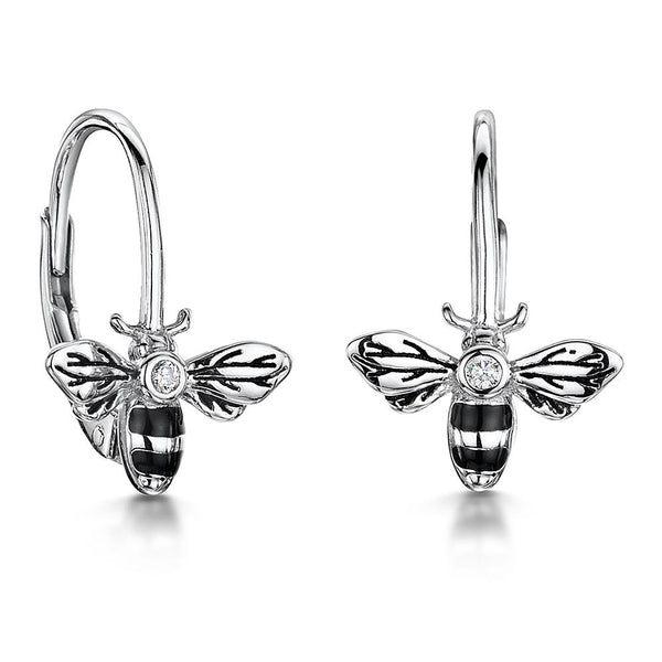 Sterling Silver Bumble Bee Earrings On a French Hook With Black Enamel Stripes Earrings - JOOLS By Jenny Brown