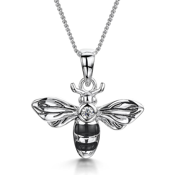 Sterling Silver Bumble Bee Necklace Set with Cubic Zirconia and Black Enamel Stripes - JOOLS By Jenny Brown