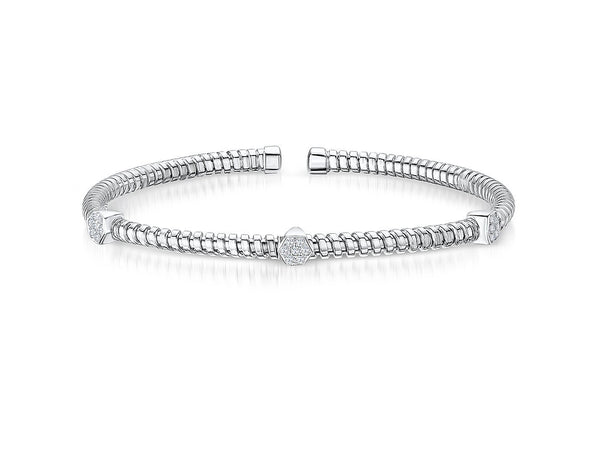 Sterling Silver Cuff Stacking Bangle Set With Three Hexagon Shape Clusters of Cubic Zirconia StonesBangles - JOOLS By Jenny Brown